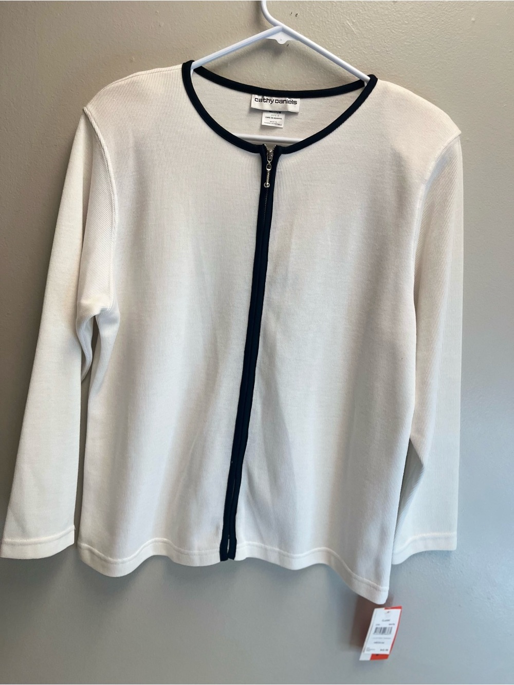 Cathy Daniels White Ribbed Zip Cardigan with Black Trim